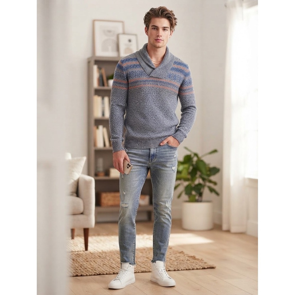 American Rag Mens Shawl Collar Fair Isle Cotton Sweater Grey Orange Large